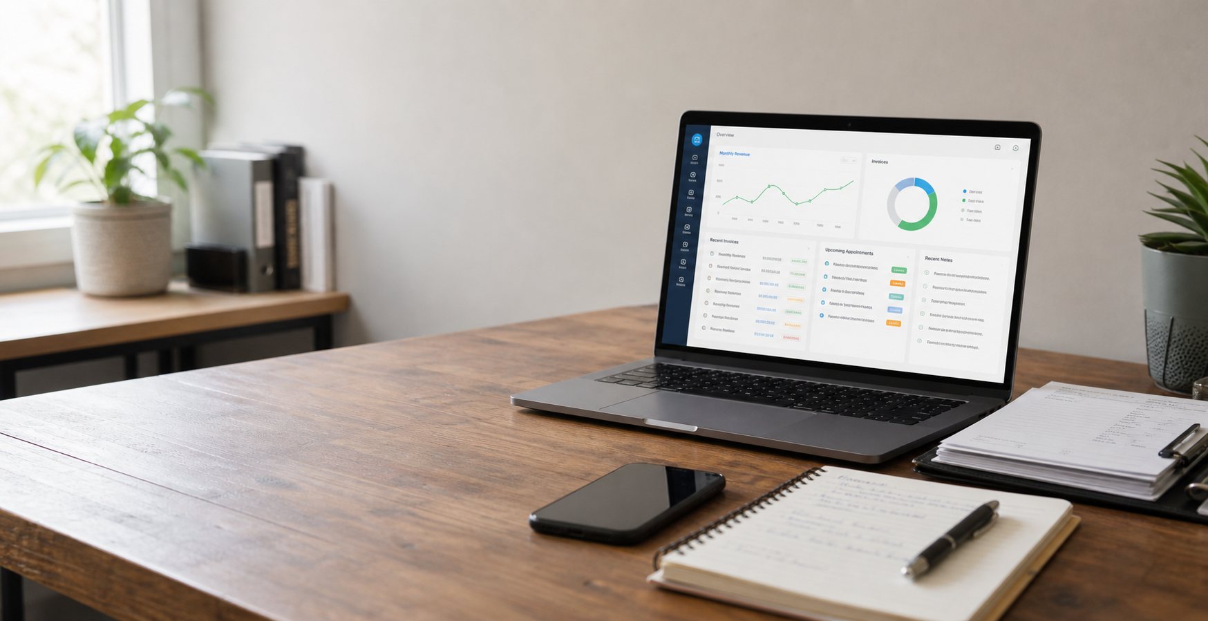 Office desk with a laptop dashboard, invoices, notes, and a phone